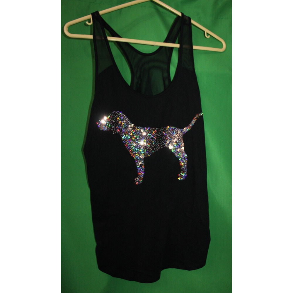 Victoria's Secret Pink Bling Black Gold Glitter Dog Image On Tank Top Size Small